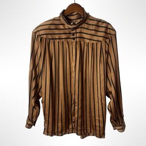 VTG Oscar de la Renta Silk Striped High Neck Blouse 8 Classic 80s Secretary